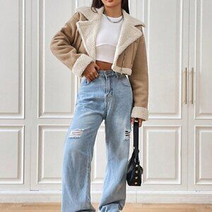 Boho Faux Teddy Lined Zip Up Moto Cropped Jacket Khaki